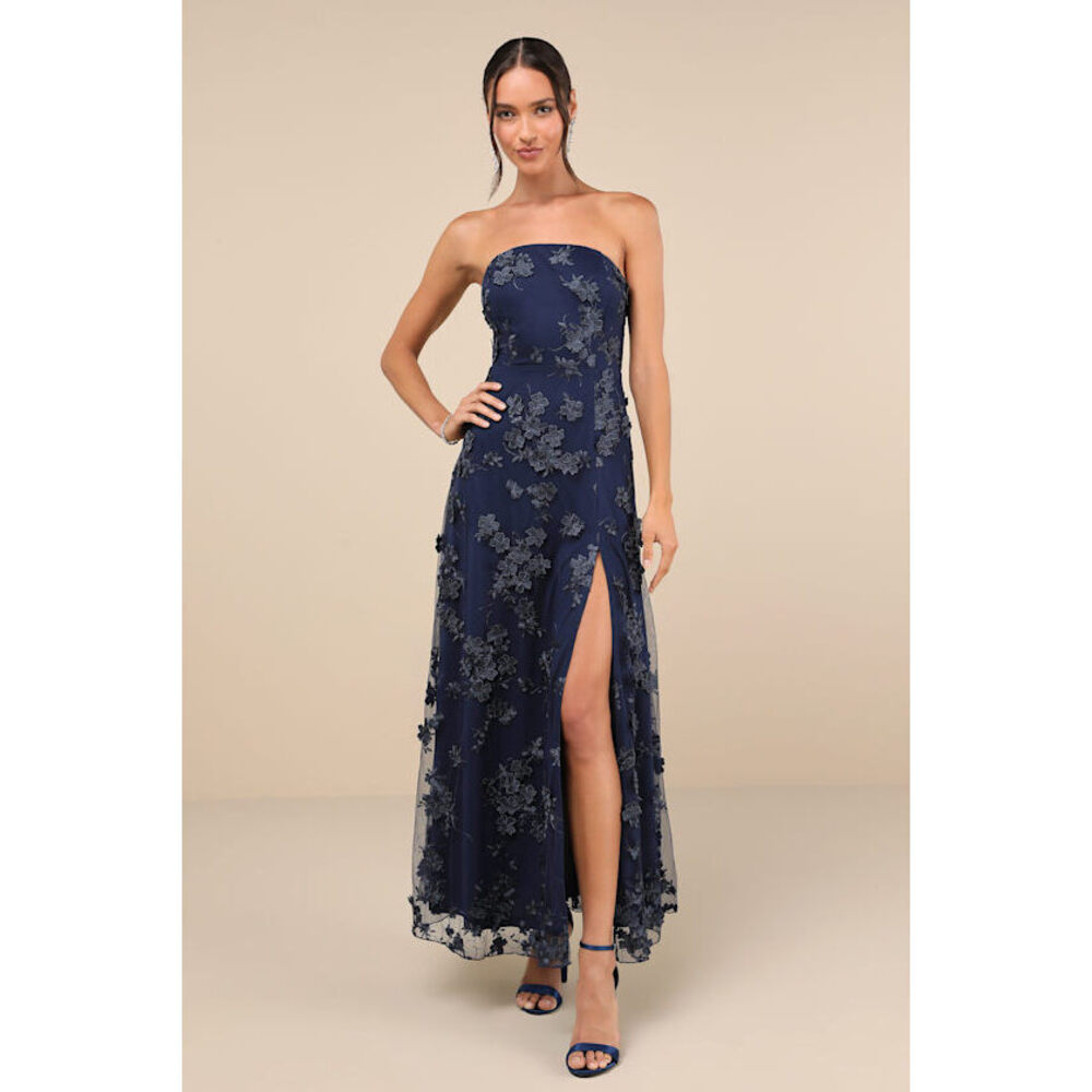 Rare Presence Navy Blue 3D Floral Embroidered Maxi Dress